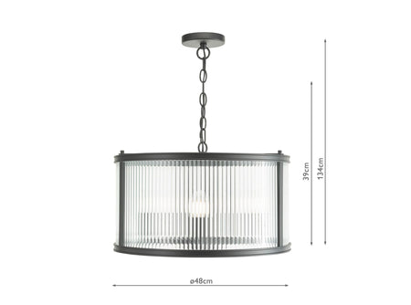 Bianka 3 Light Pendant Matt Black and Ribbed Glass