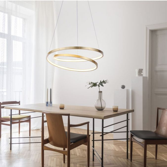 Modern LED Gold double pendant with swirl Light rings
