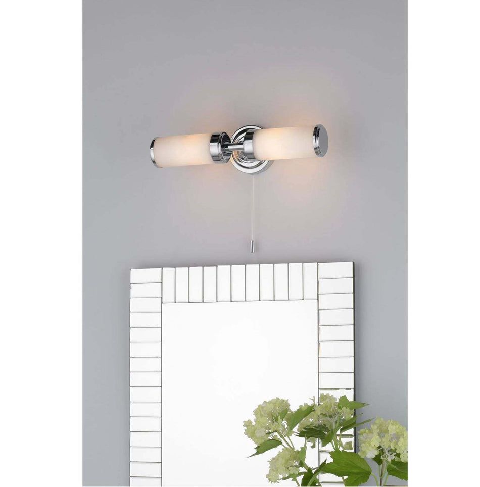 Century Bathroom 2 Light Wall Light Polished Chrome Opal Glass IP44
