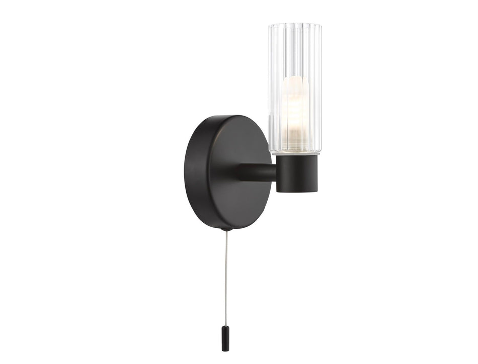 Bolton Bathroom Wall Light Matt Black and Ribbed Glass IP44