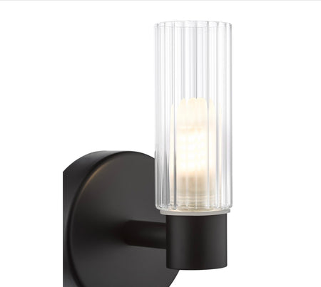 Bolton Bathroom Wall Light Matt Black and Ribbed Glass IP44