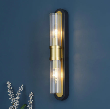 Rhian 2 Light Wall Light Matt Black and Ribbed Glass
