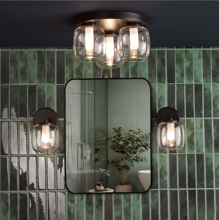 Edaline 3 Light Bathroom Ceiling Light Matt Black and Glass IP44