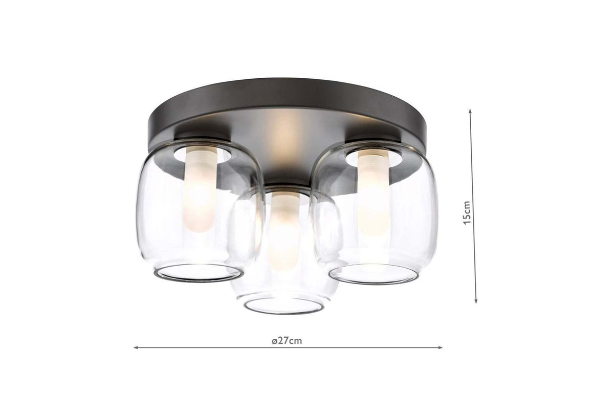Edaline 3 Light Bathroom Ceiling Light Matt Black and Glass IP44