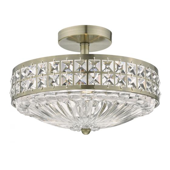 Olona 3L Light Semi Flush Antique Brass Crystal Beads and Glass Diffuser