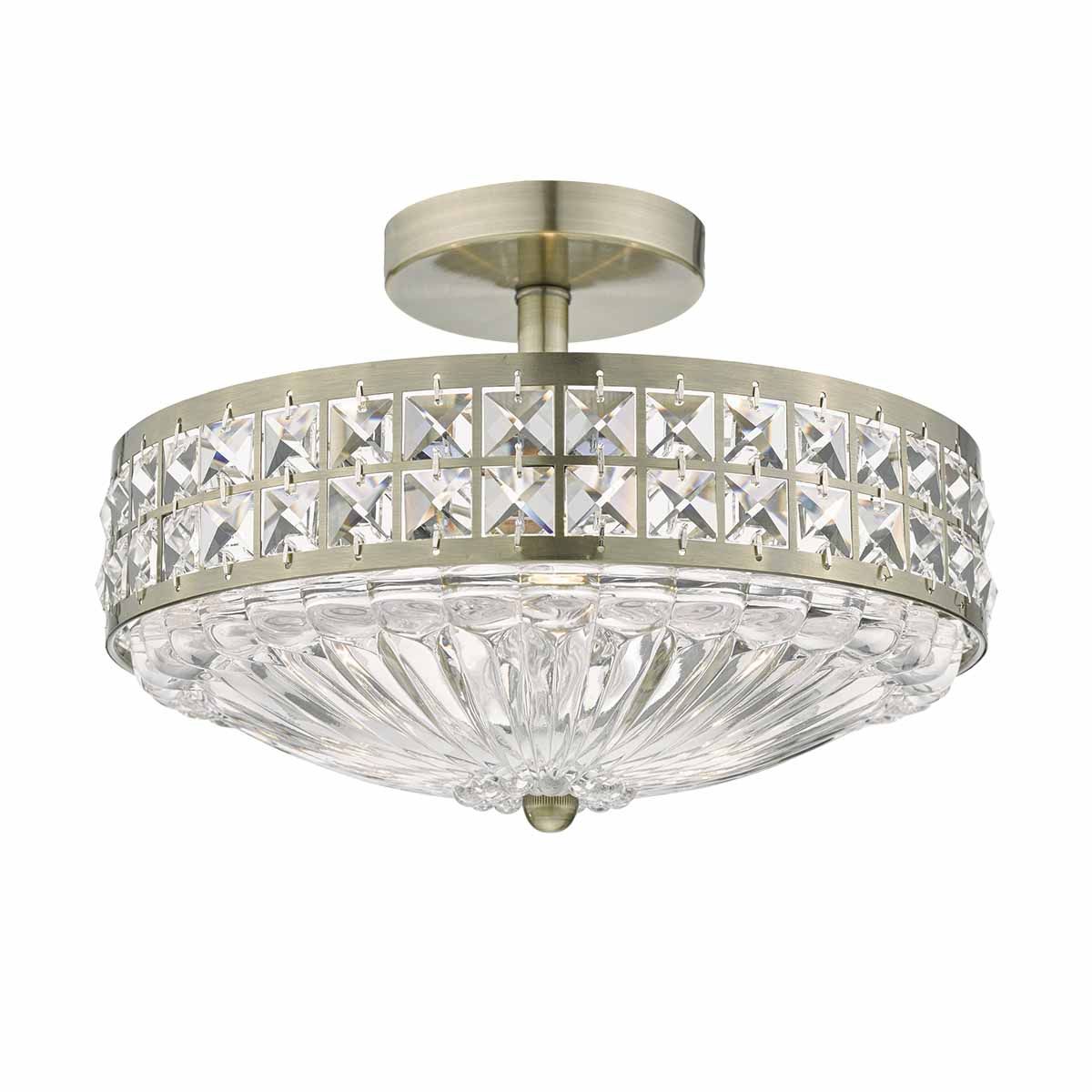 Olona 3L Light Semi Flush Antique Brass Crystal Beads and Glass Diffuser