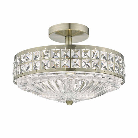 Olona 3L Light Semi Flush Antique Brass Crystal Beads and Glass Diffuser