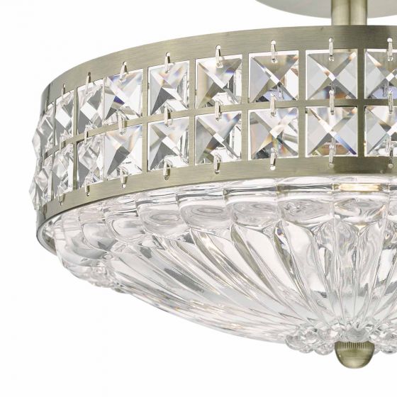 Olona 3L Light Semi Flush Antique Brass Crystal Beads and Glass Diffuser