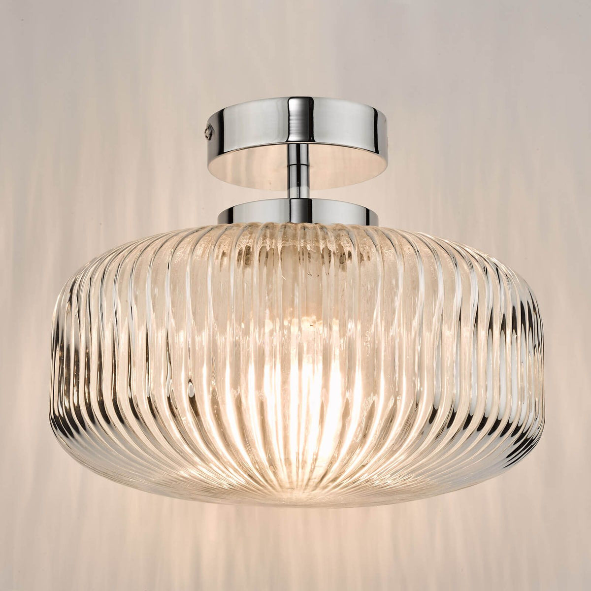 Riva Bathroom Semi Flush Ceiling Light Ribbed Glass Polished Chrome IP44