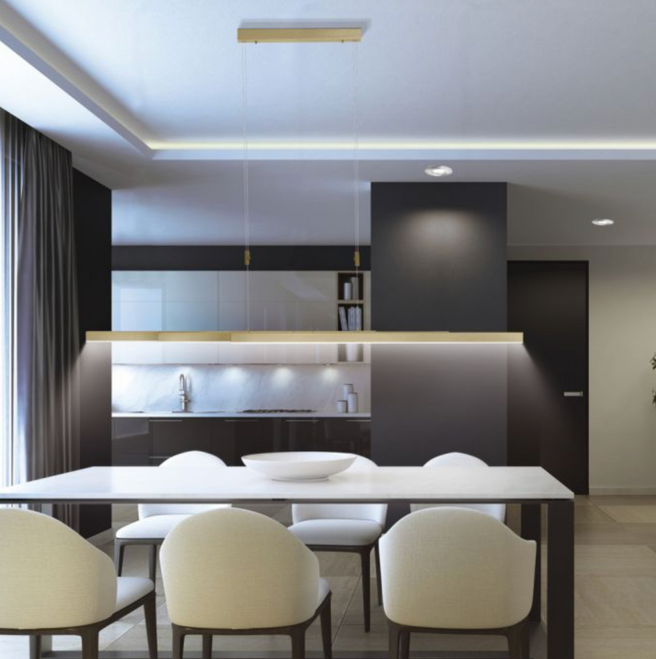 LED pendant light, matt brass, linear, filigree design, touch dimmer