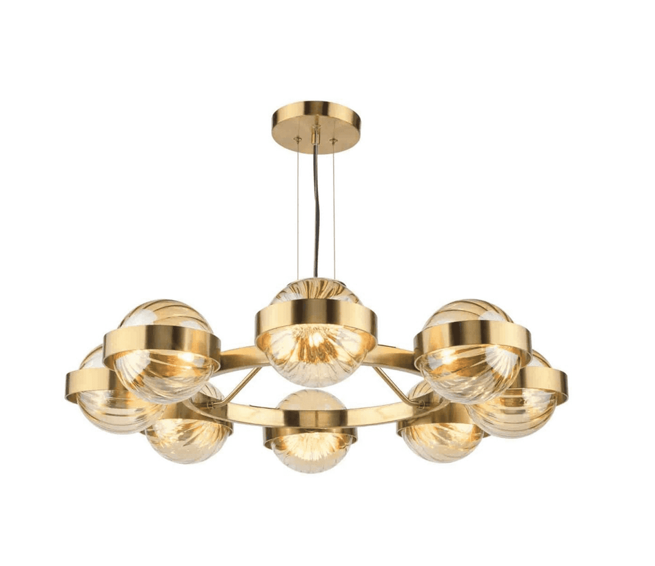 Ophira 8 Light Pendant Antique Gold and Amber Ribbed Glass