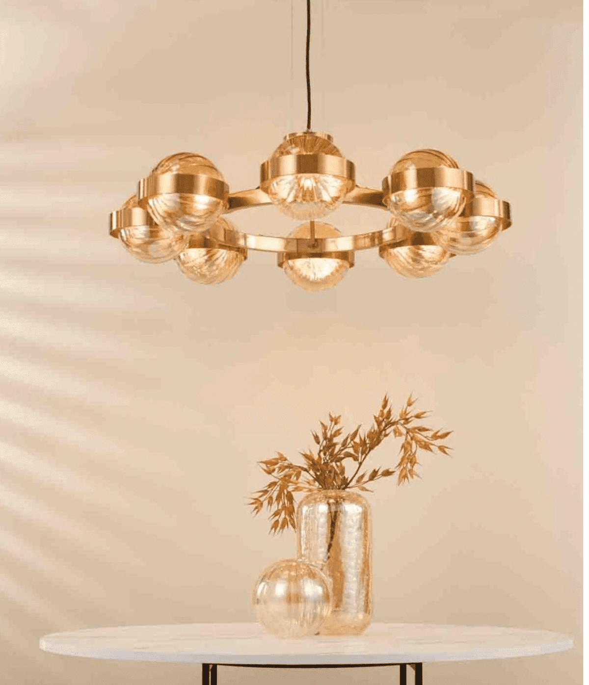 Ophira 8 Light Pendant Antique Gold and Amber Ribbed Glass