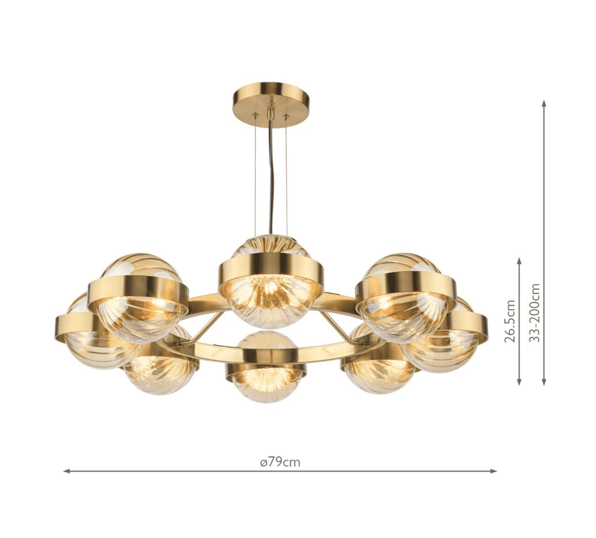 Ophira 8 Light Pendant Antique Gold and Amber Ribbed Glass