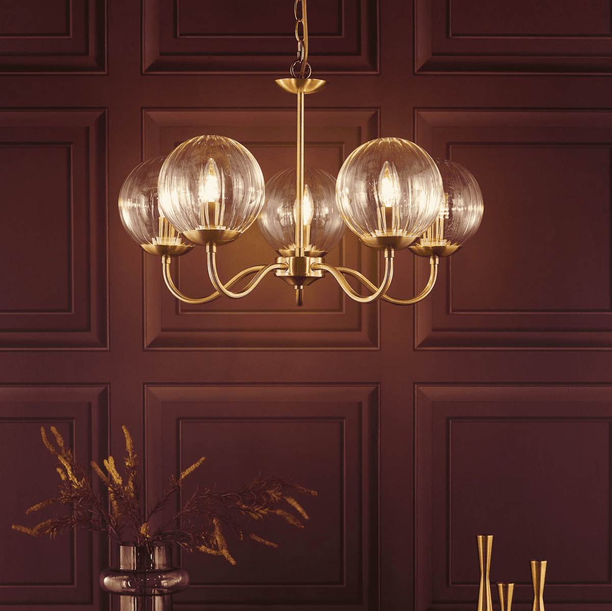 Jocelyn 5LT Armed Pendant Natural Brass and Glass