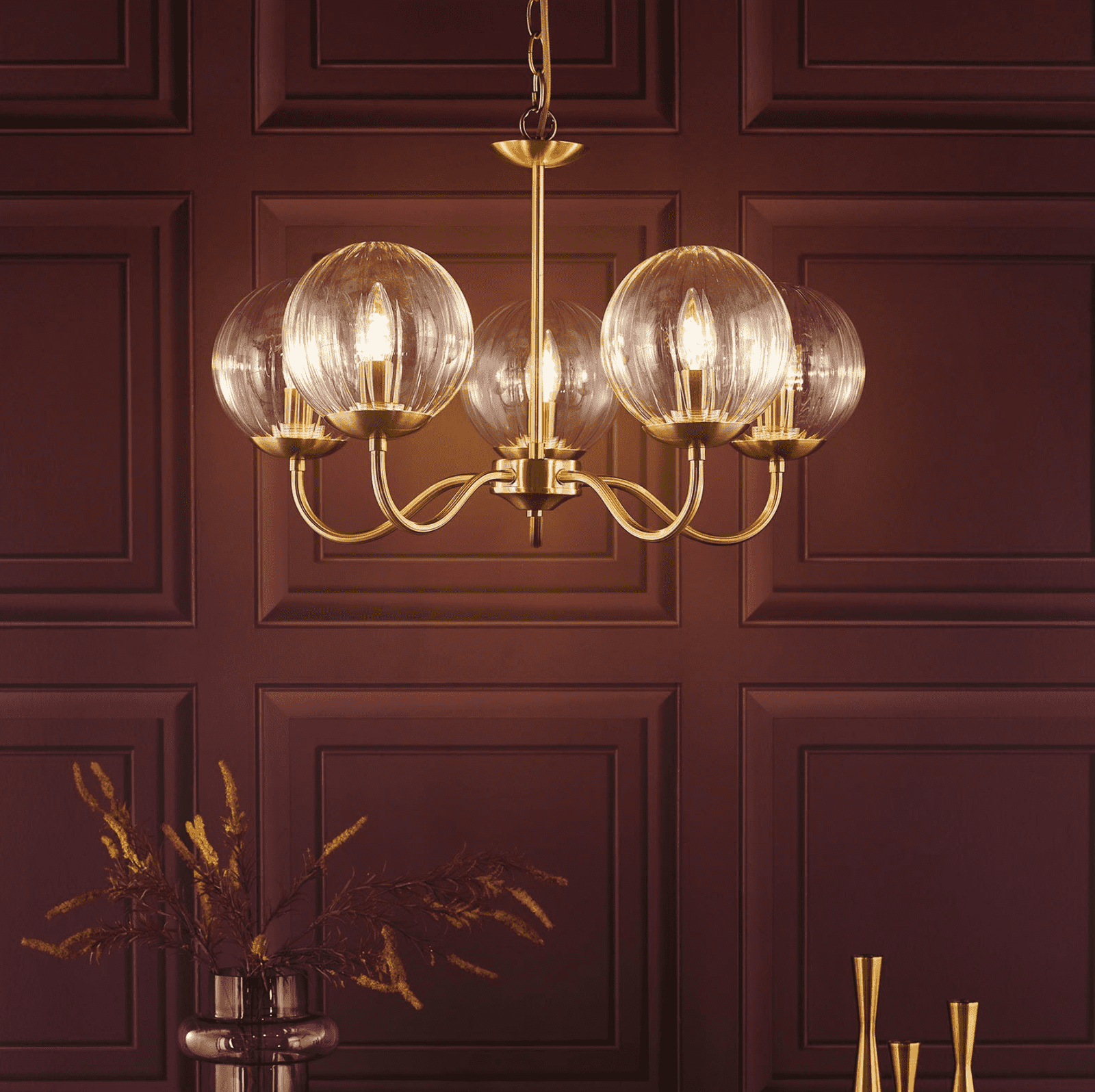 Jocelyn 5LT Armed Pendant Natural Brass and Glass