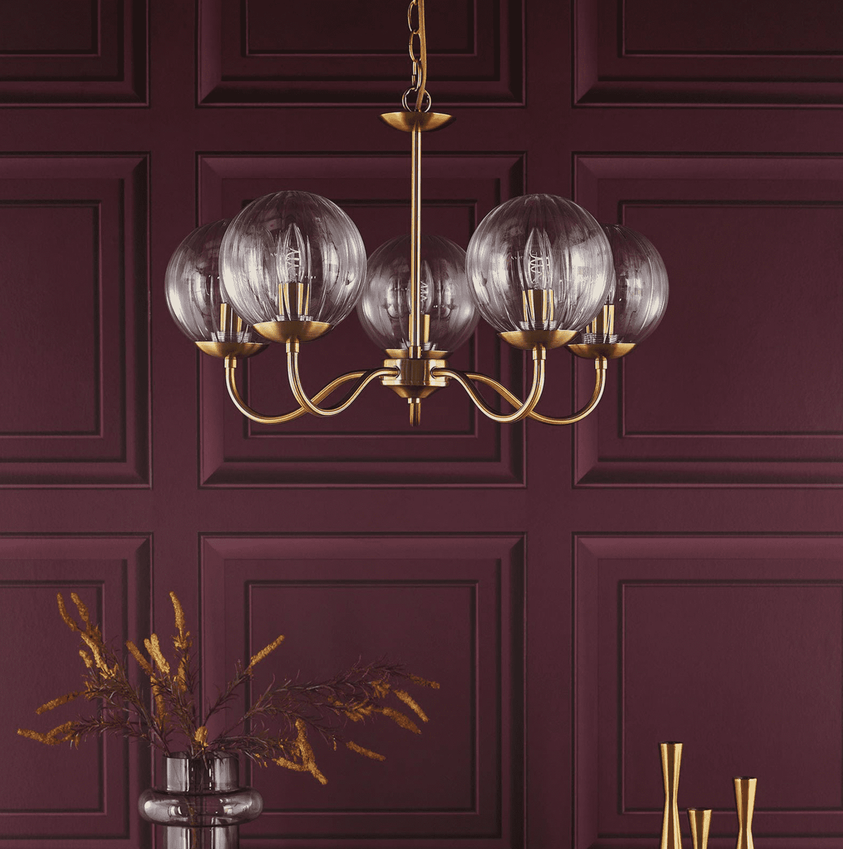Jocelyn 5LT Armed Pendant Natural Brass and Glass