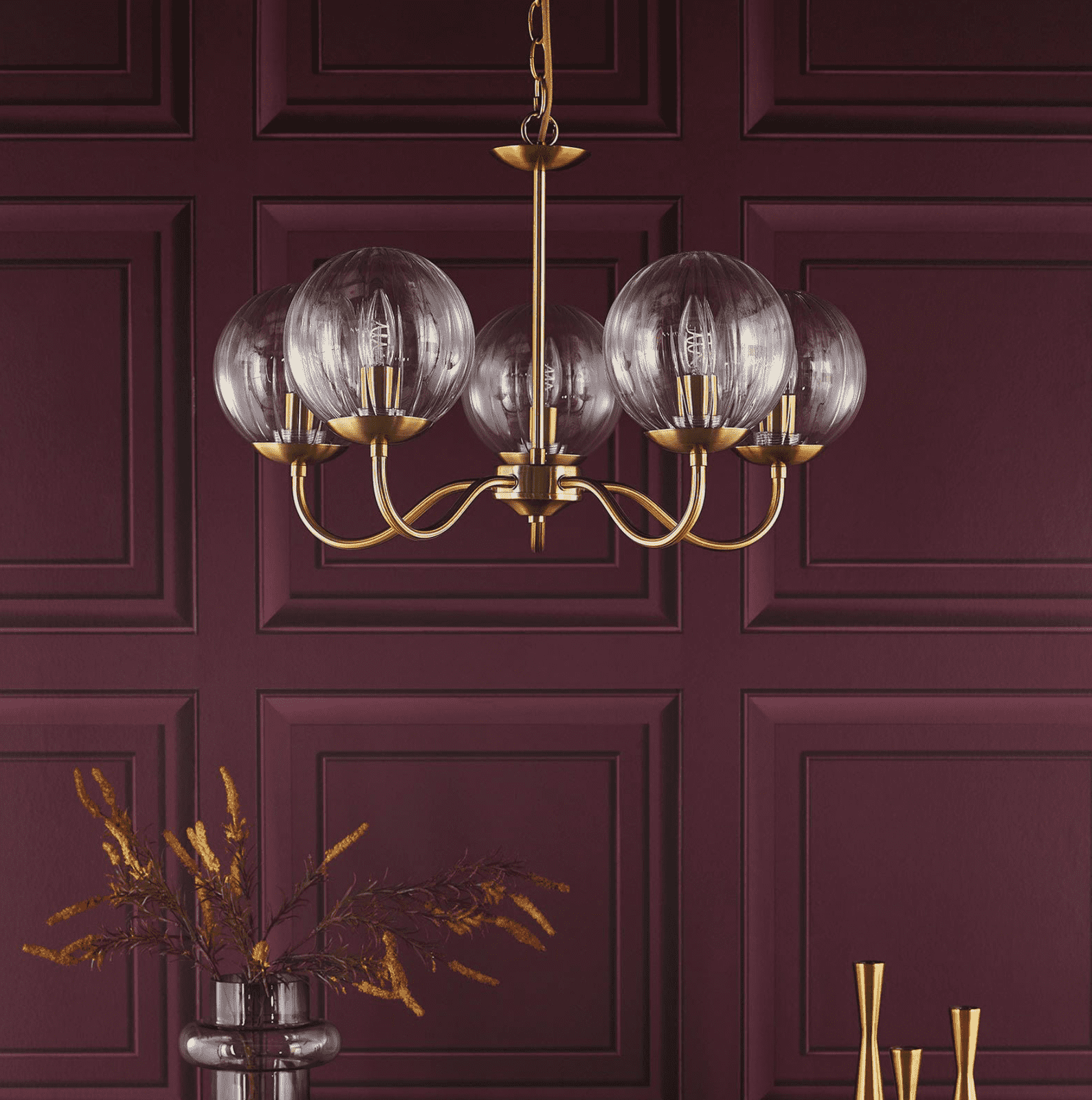Jocelyn 5LT Armed Pendant Natural Brass and Glass