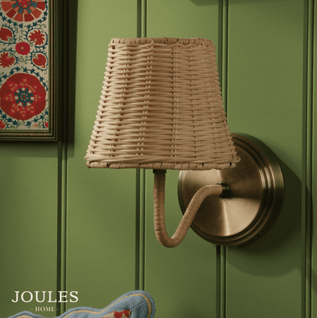 Joules Elcot Rechargeable Wall Light Antique Brass With Rattan Shade