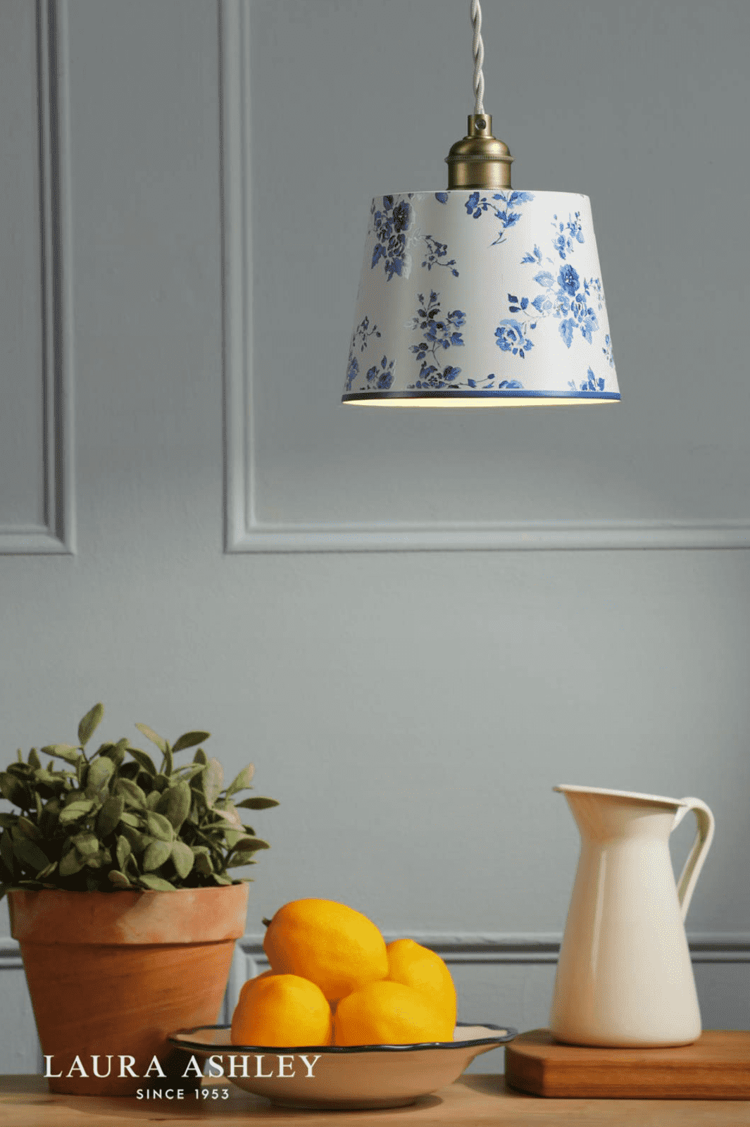 Laura Ashley China Rose Pendant Matt Blue and Matt Antique Brass