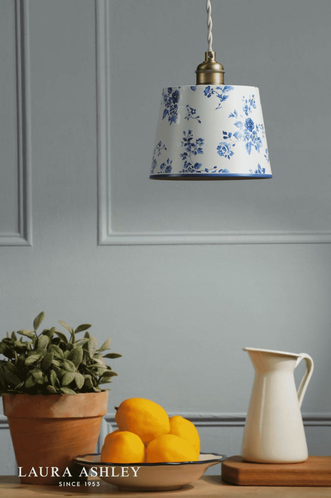 Laura Ashley China Rose Pendant Matt Blue and Matt Antique Brass