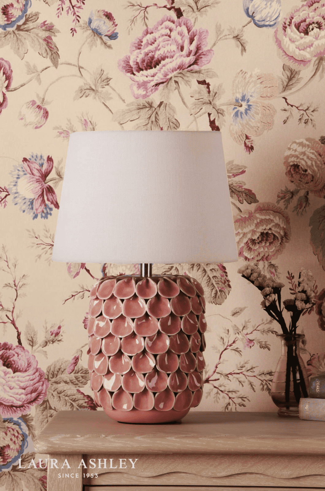 Laura Ashley Marwick Table Lamp Pink Ceramic and Brushed Silver With Shade