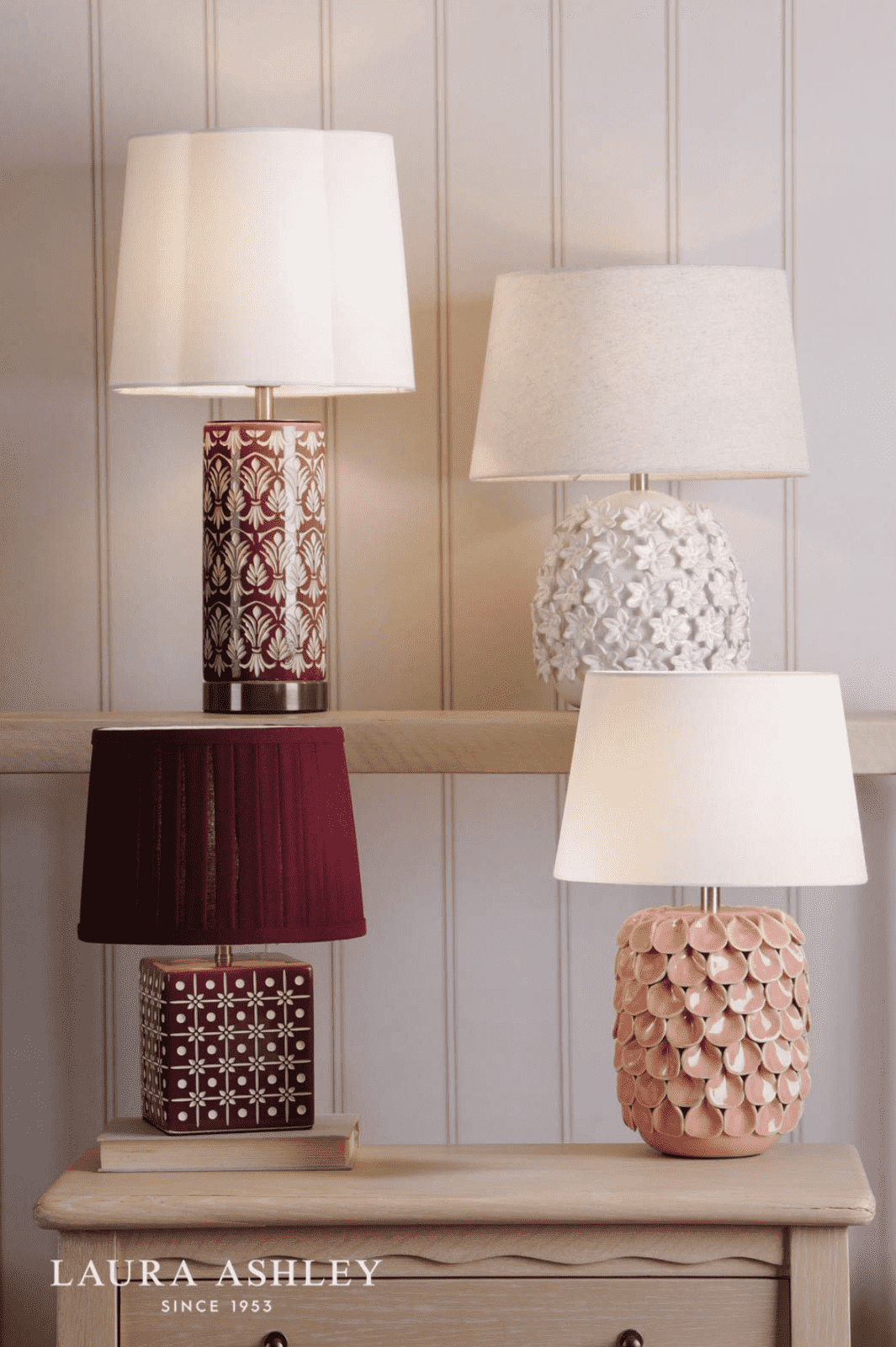 Laura Ashley Marwick Table Lamp Pink Ceramic and Brushed Silver With Shade