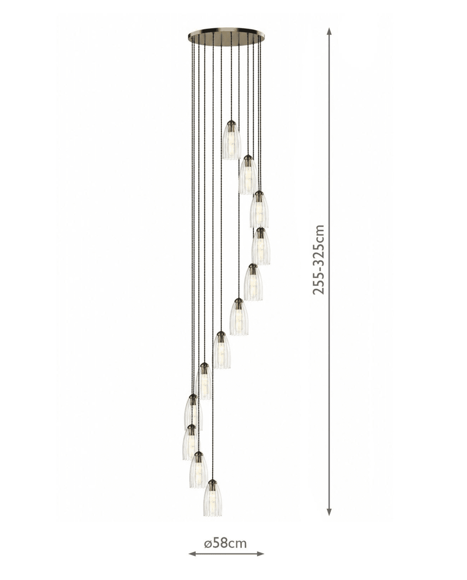 Valora 12 Light Cluster Pendant Antique Bronze and Ribbed Glass
