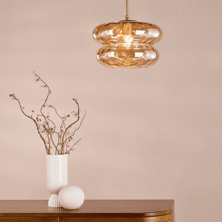 Alcella Pendant Natural Brass and Amber Dimple Glass
