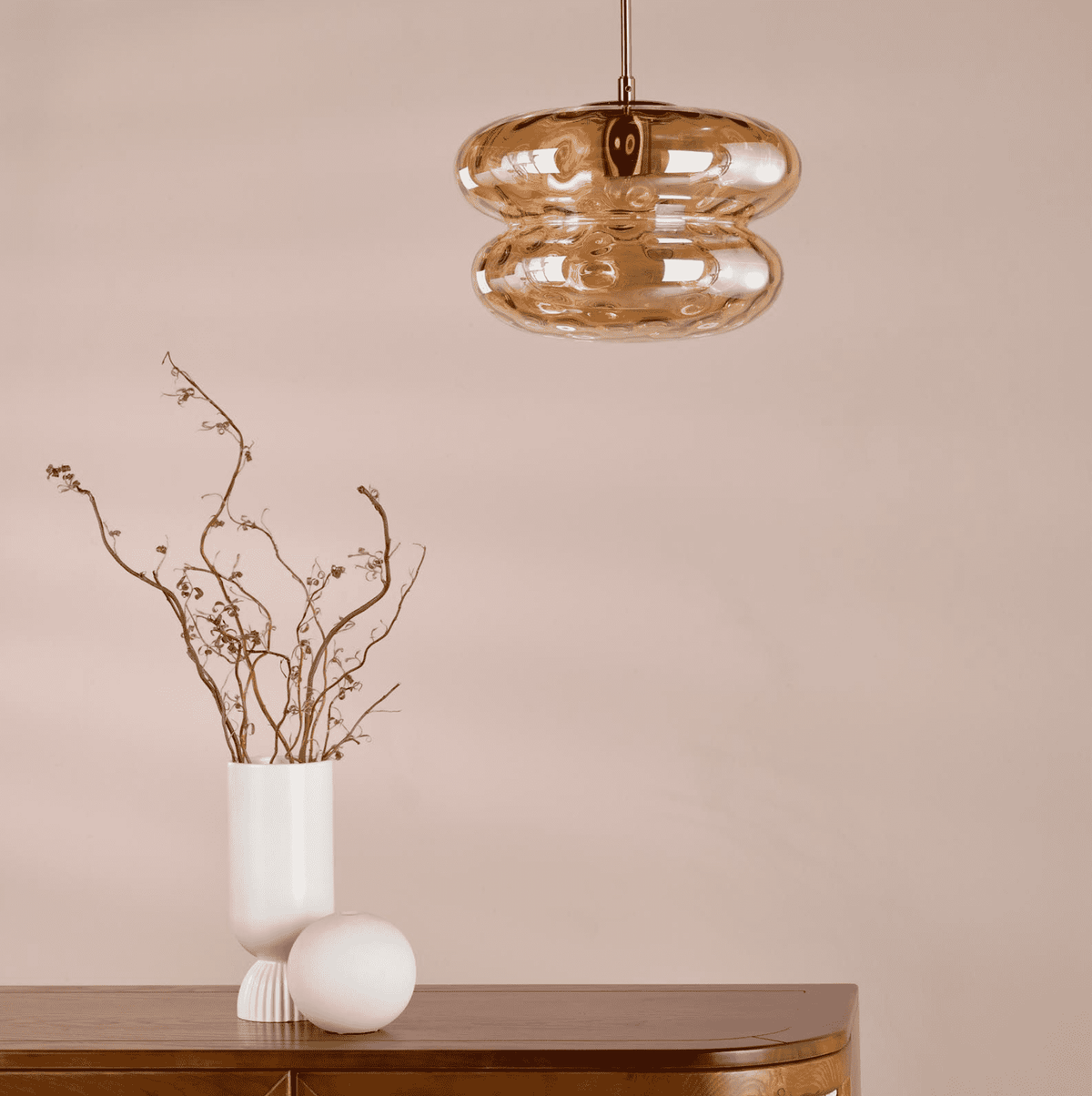 Alcella Pendant Natural Brass and Amber Dimple Glass