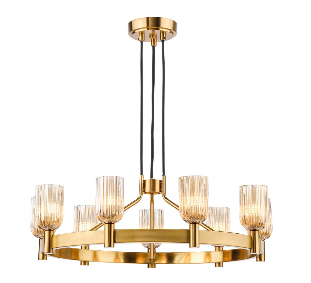 Hilaria 9 Light Pendant Antique Gold and Amber Ribbed Glass