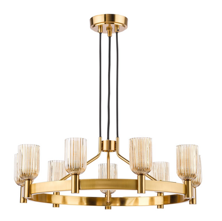 Hilaria 9 Light Pendant Antique Gold and Amber Ribbed Glass