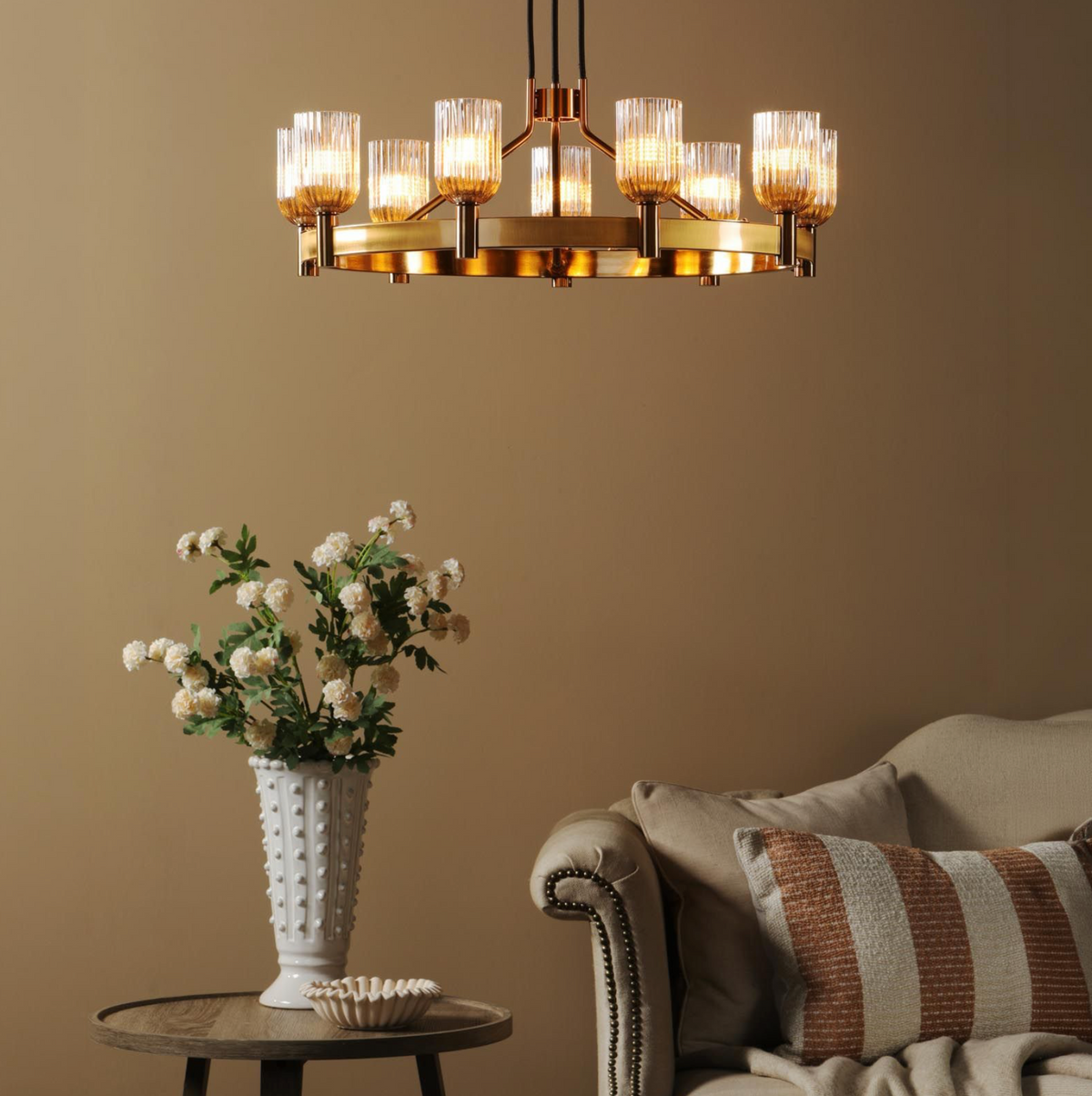 Hilaria 9 Light Pendant Antique Gold and Amber Ribbed Glass