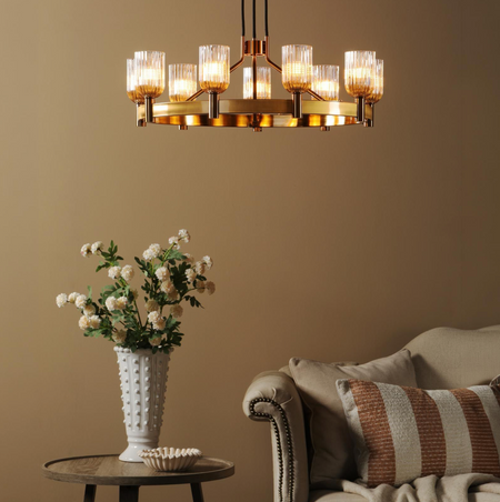 Hilaria 9 Light Pendant Antique Gold and Amber Ribbed Glass