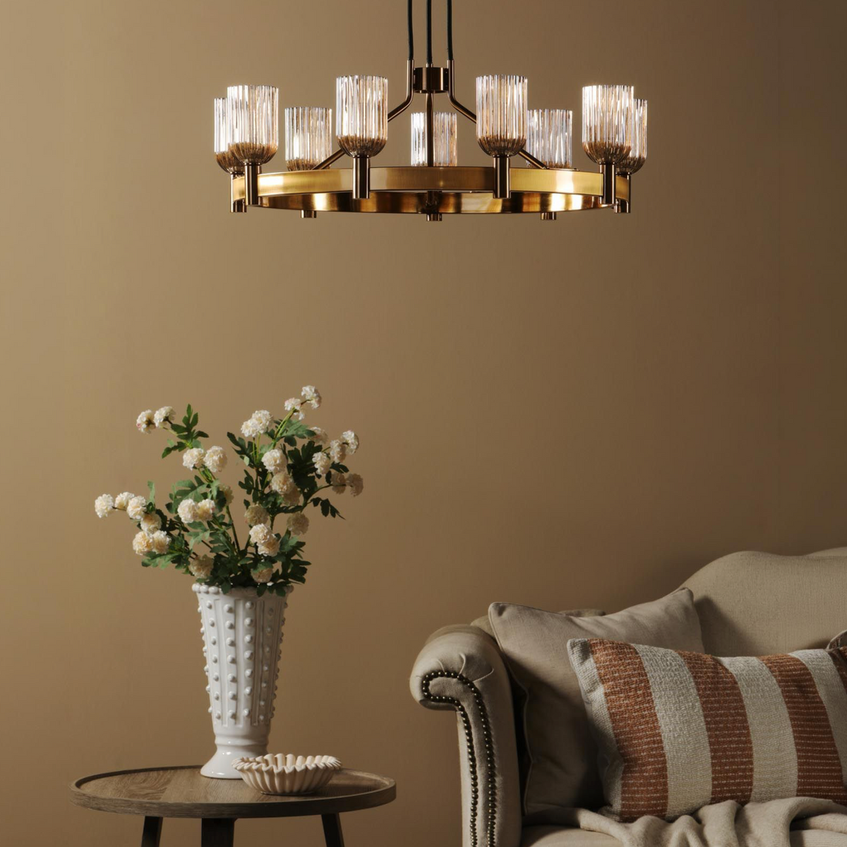Hilaria 9 Light Pendant Antique Gold and Amber Ribbed Glass