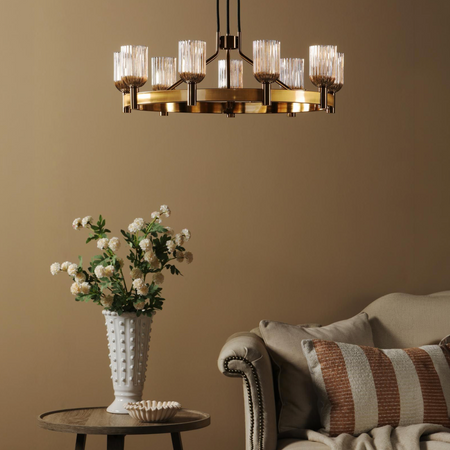 Hilaria 9 Light Pendant Antique Gold and Amber Ribbed Glass