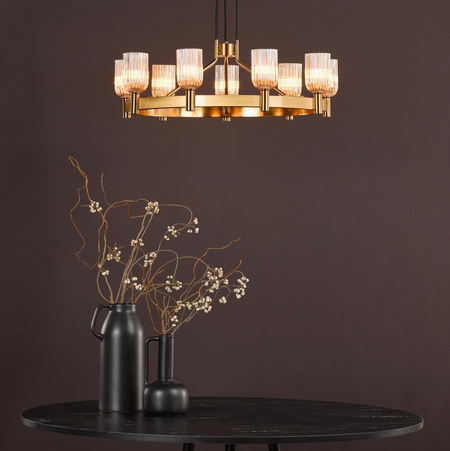Hilaria 9 Light Pendant Antique Gold and Amber Ribbed Glass