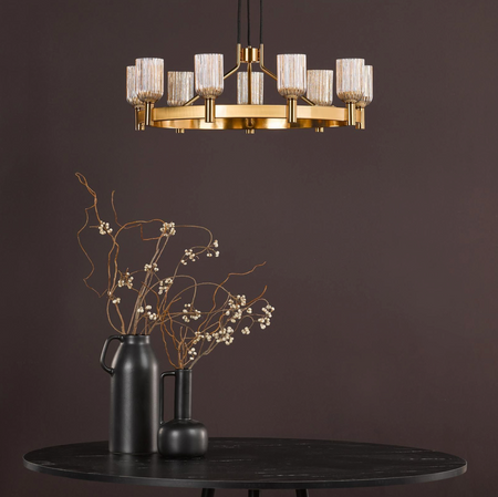 Hilaria 9 Light Pendant Antique Gold and Amber Ribbed Glass