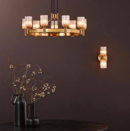 Hilaria 9 Light Pendant Antique Gold and Amber Ribbed Glass