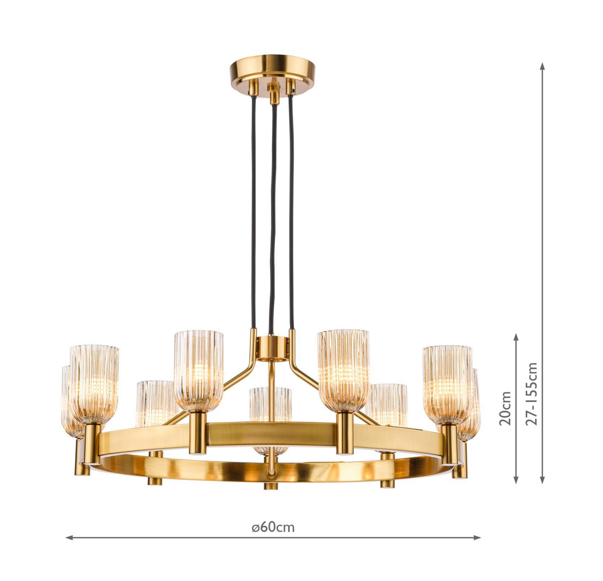 Hilaria 9 Light Pendant Antique Gold and Amber Ribbed Glass
