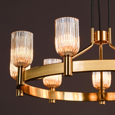Hilaria 9 Light Pendant Antique Gold and Amber Ribbed Glass