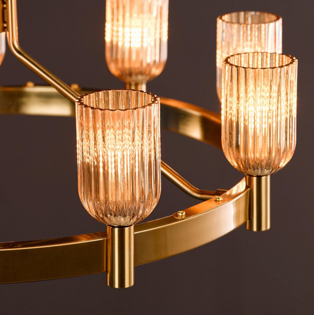Hilaria 9 Light Pendant Antique Gold and Amber Ribbed Glass