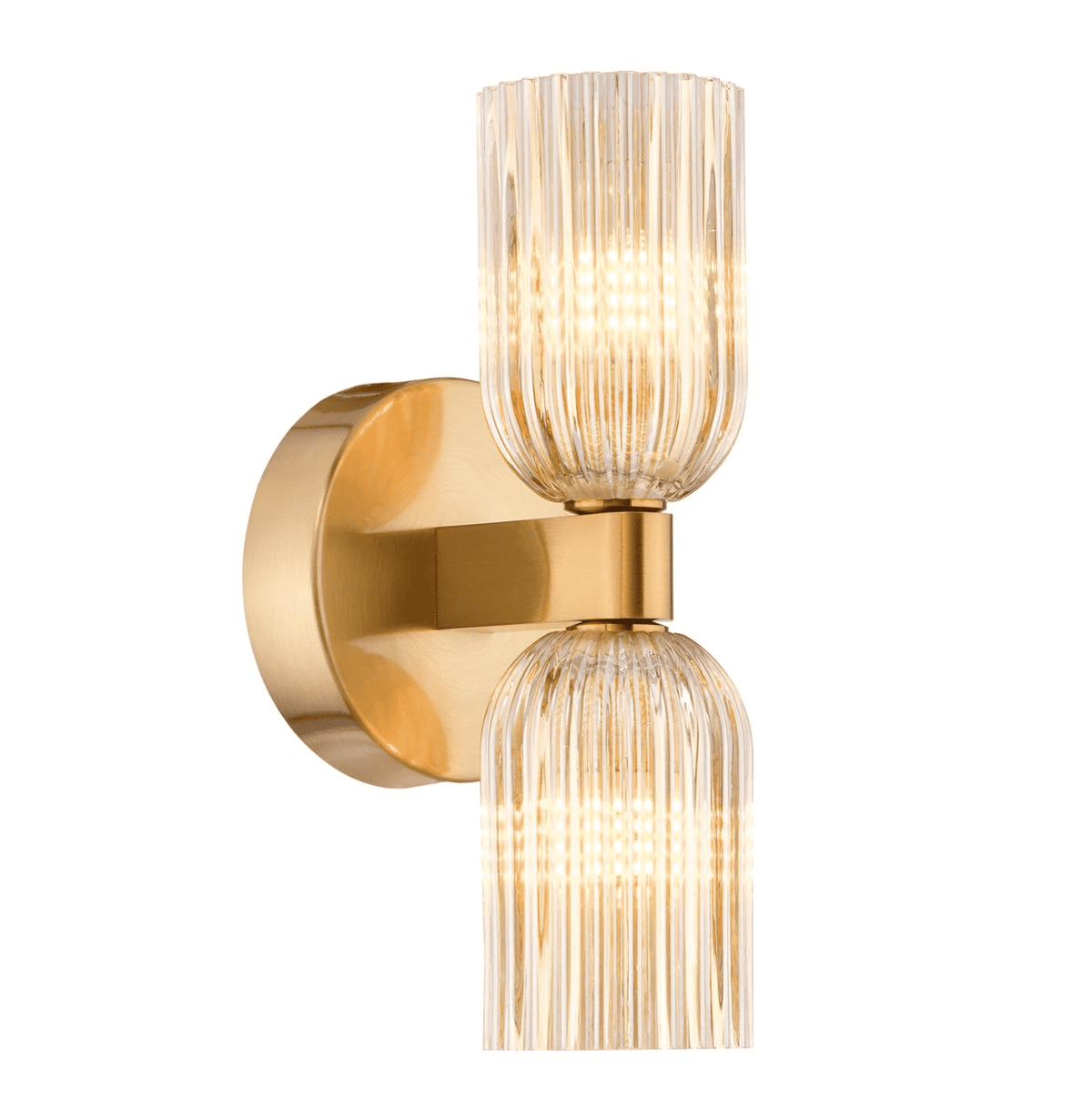 Hilaria 2 Light Bathroom Wall Light Antique Gold and Amber Ribbed Glass IP44