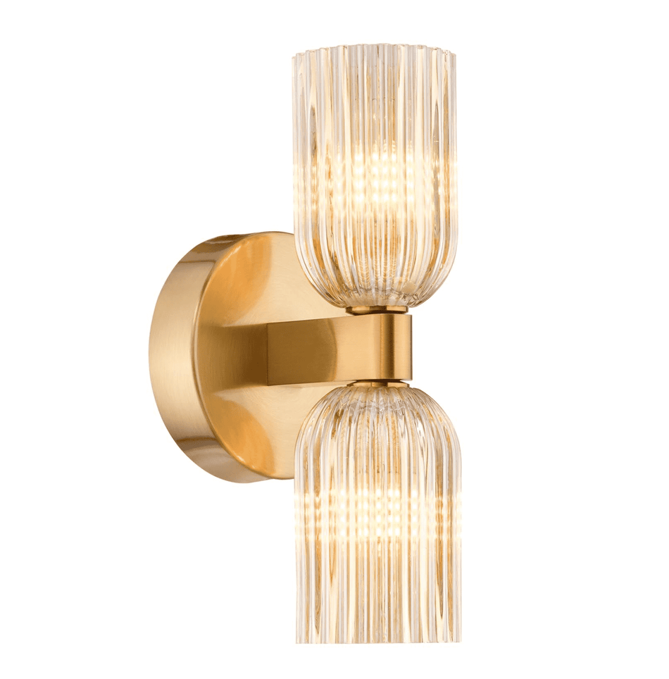 Hilaria 2 Light Bathroom Wall Light Antique Gold and Amber Ribbed Glass IP44