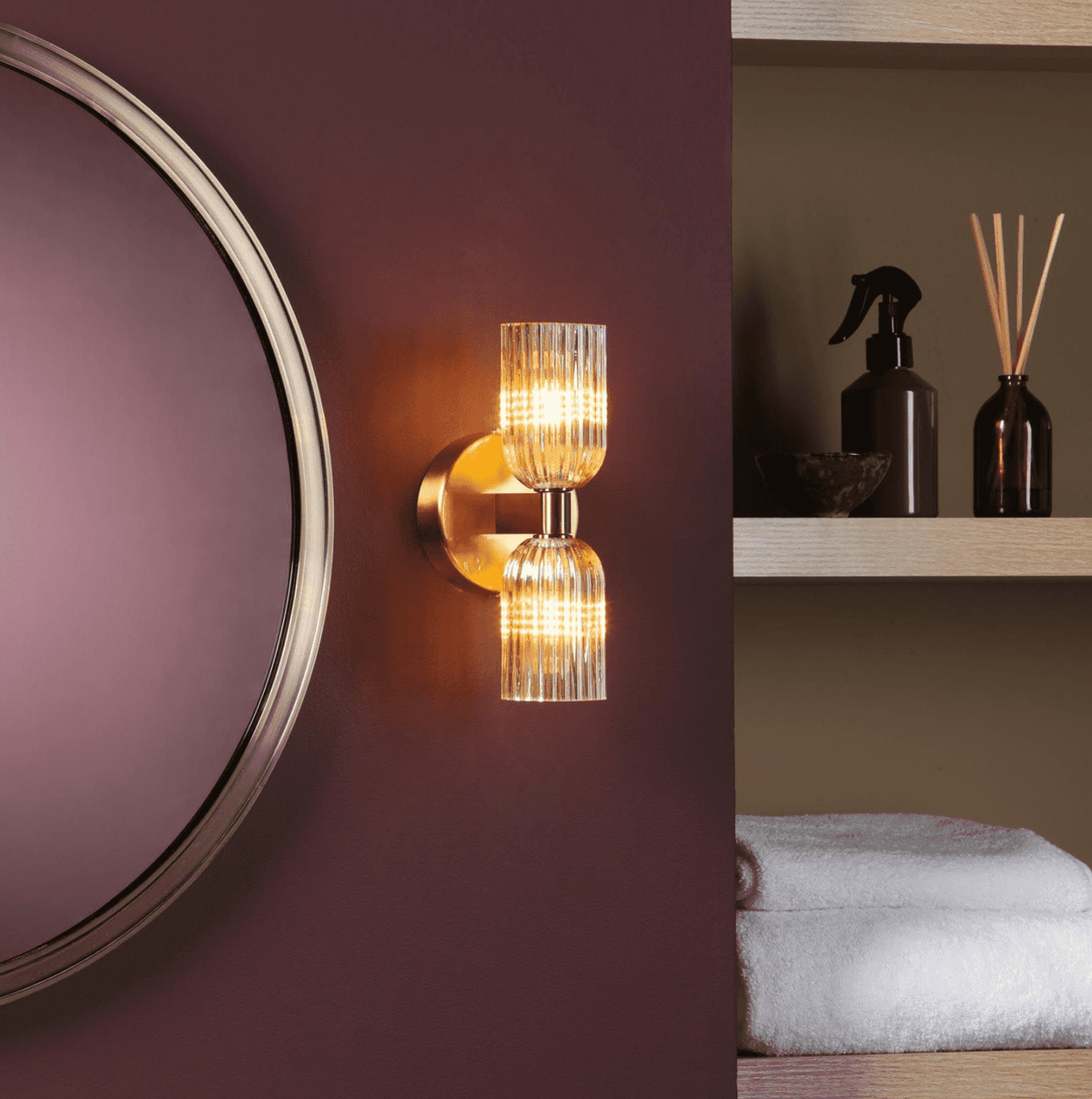 Hilaria 2 Light Bathroom Wall Light Antique Gold and Amber Ribbed Glass IP44