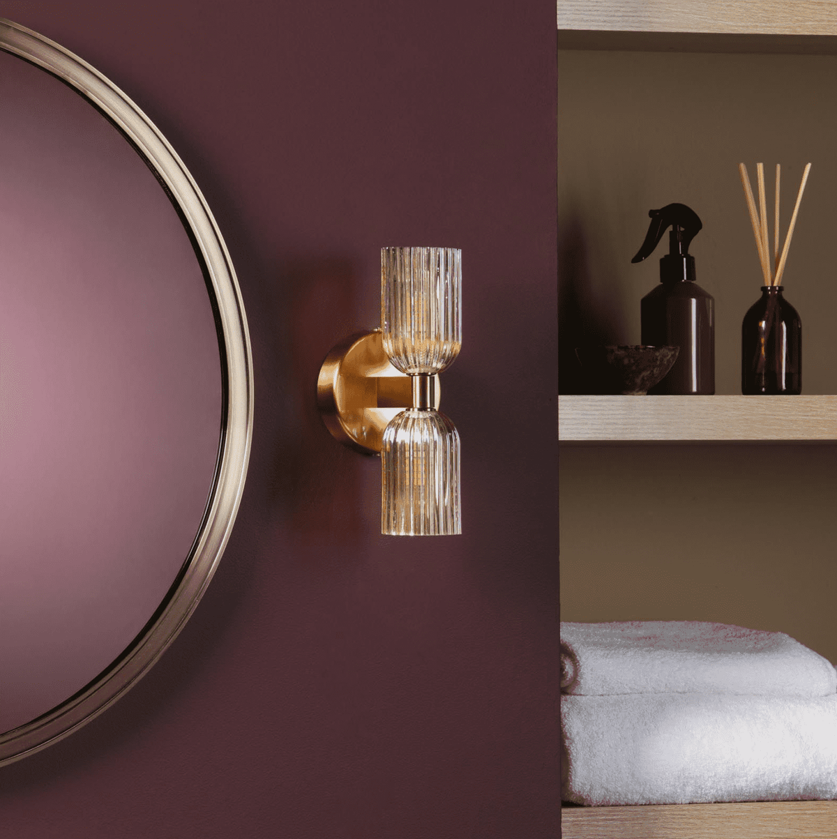 Hilaria 2 Light Bathroom Wall Light Antique Gold and Amber Ribbed Glass IP44
