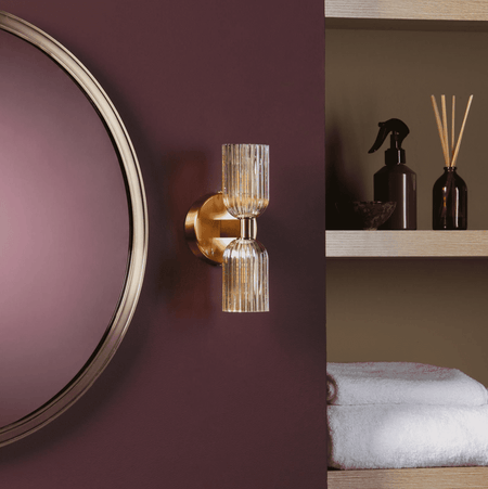 Hilaria 2 Light Bathroom Wall Light Antique Gold and Amber Ribbed Glass IP44