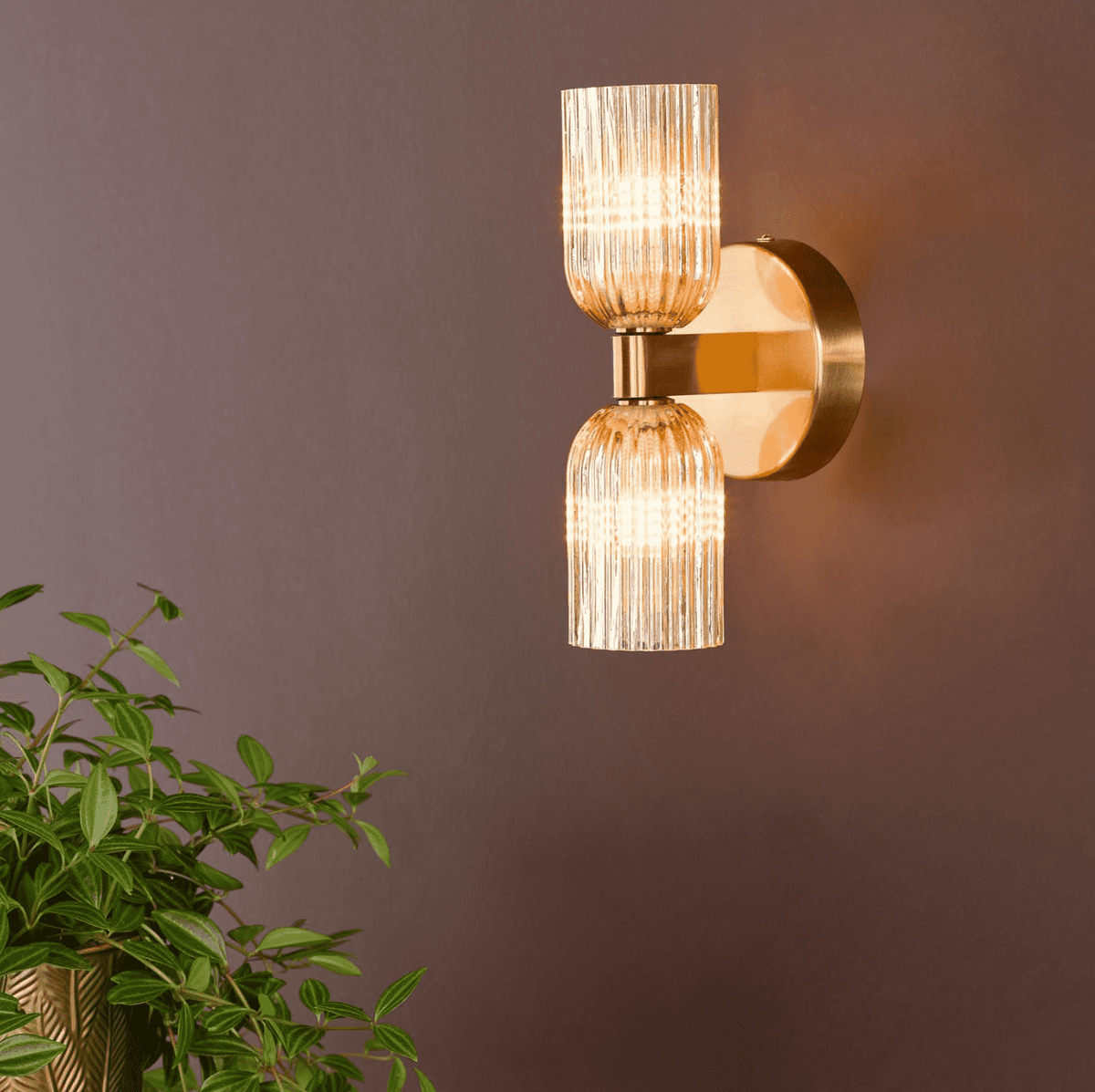 Hilaria 2 Light Bathroom Wall Light Antique Gold and Amber Ribbed Glass IP44