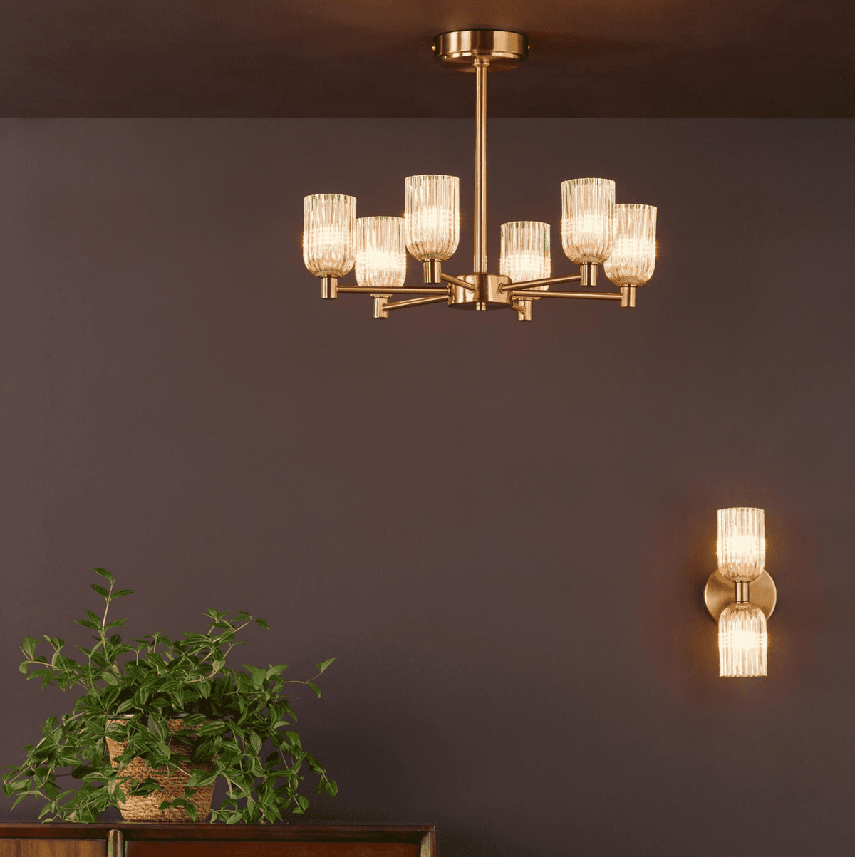 Hilaria 2 Light Bathroom Wall Light Antique Gold and Amber Ribbed Glass IP44