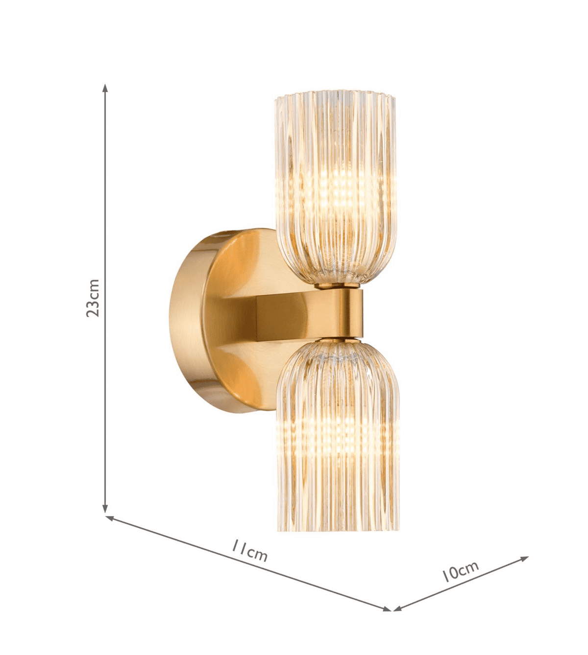 Hilaria 2 Light Bathroom Wall Light Antique Gold and Amber Ribbed Glass IP44