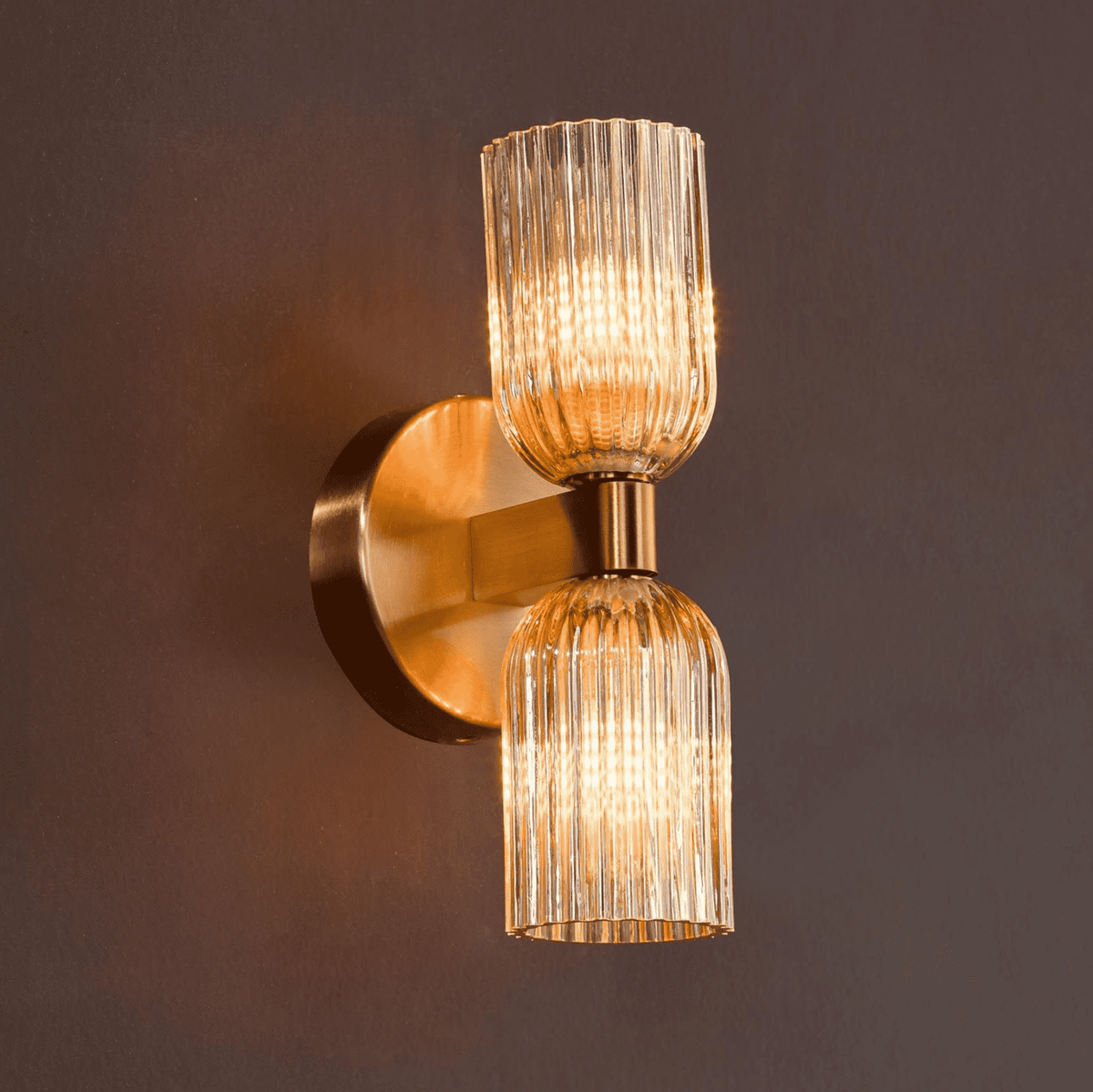 Hilaria 2 Light Bathroom Wall Light Antique Gold and Amber Ribbed Glass IP44